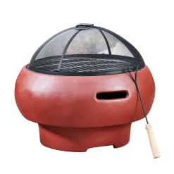 Teamson Home 20.87" Outdoor Round Faux Concrete Wood Burning Fire Pit with Accessories, Red- FINAL SALE