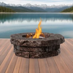 Teamson Home 37.01" Outdoor Round Faux Brick Propane Gas Fire Pit with Accessories, Red Brown