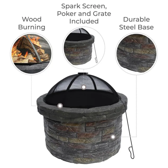 Teamson Home 26.57" Outdoor Round Faux Stone Wood Burning Fire Pit with Accessories, Multi