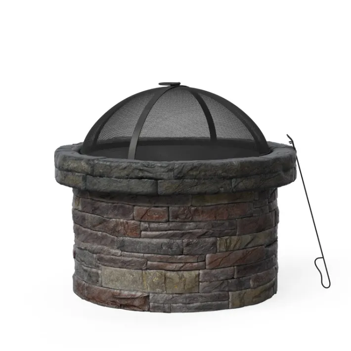 Teamson Home 26.57" Outdoor Round Faux Stone Wood Burning Fire Pit with Accessories, Multi