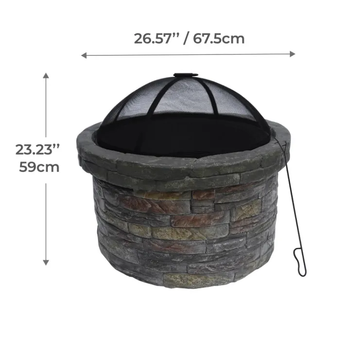 Teamson Home 26.57" Outdoor Round Faux Stone Wood Burning Fire Pit with Accessories, Multi