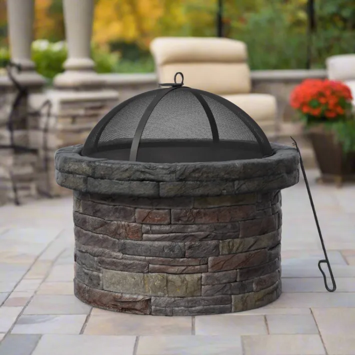Teamson Home 26.57" Outdoor Round Faux Stone Wood Burning Fire Pit with Accessories, Multi