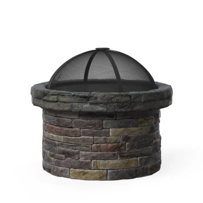 Teamson Home 26.57" Outdoor Round Faux Stone Wood Burning Fire Pit with Accessories, Multi