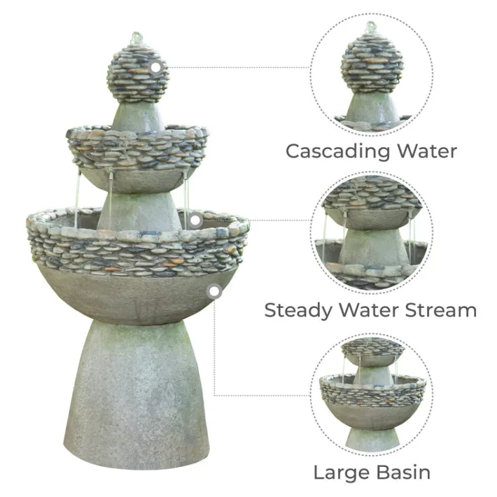 Teamson Home 36.5" Outdoor 3-Tier Stone Pedestal Water Fountain, Gray