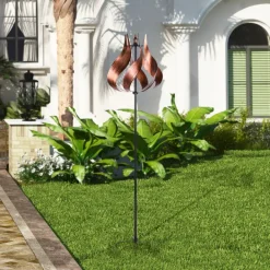 Teamson Home 70.12" Outdoor Tulip Kinetic Windmill Sculpture, Tangerine