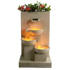 Teamson Home 29.13" Outdoor Water Fountain with Planter, LED Lights, Natural- FINAL SALE