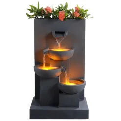Teamson Home 29.13" Outdoor Water Fountain with Planter, LED Lights, Matte Gray
