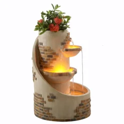 Teamson Home 29.92" Outdoor Water Fountain with Planter, LED Lights, Ivory- FINAL SALE