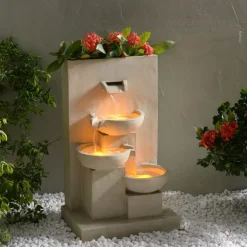 Teamson Home 29.13" Outdoor Water Fountain with Planter, LED Lights, Natural- FINAL SALE