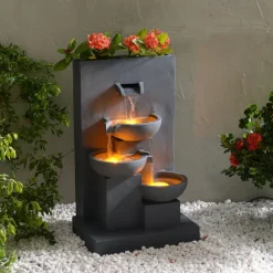 Teamson Home 29.13" Outdoor Water Fountain with Planter, LED Lights, Matte Gray