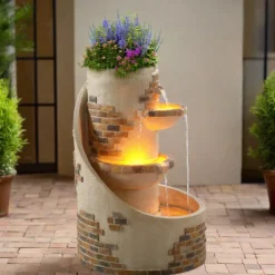 Teamson Home 29.92" Outdoor Water Fountain with Planter, LED Lights, Ivory- FINAL SALE
