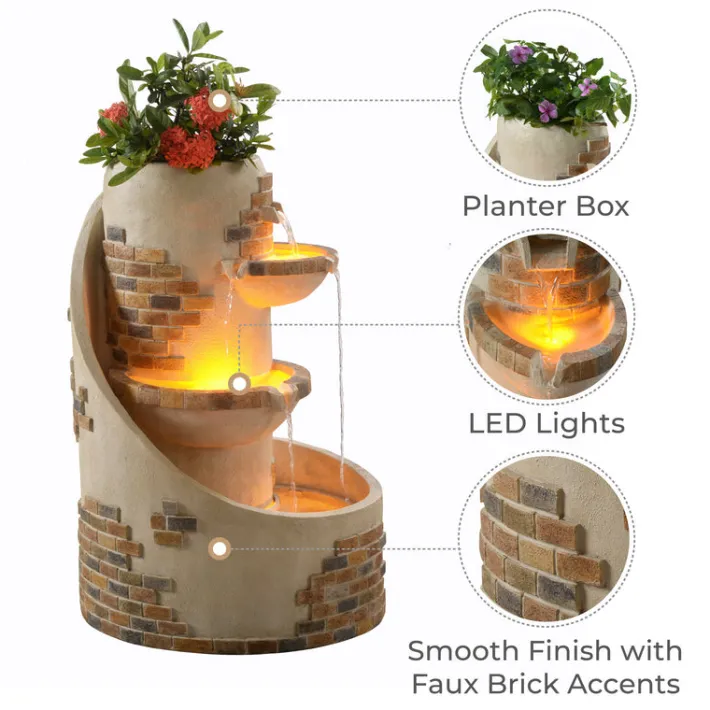 Teamson Home 29.92" Outdoor Water Fountain with Planter, LED Lights, Ivory- FINAL SALE