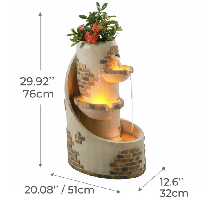 Teamson Home 29.92" Outdoor Water Fountain with Planter, LED Lights, Ivory- FINAL SALE