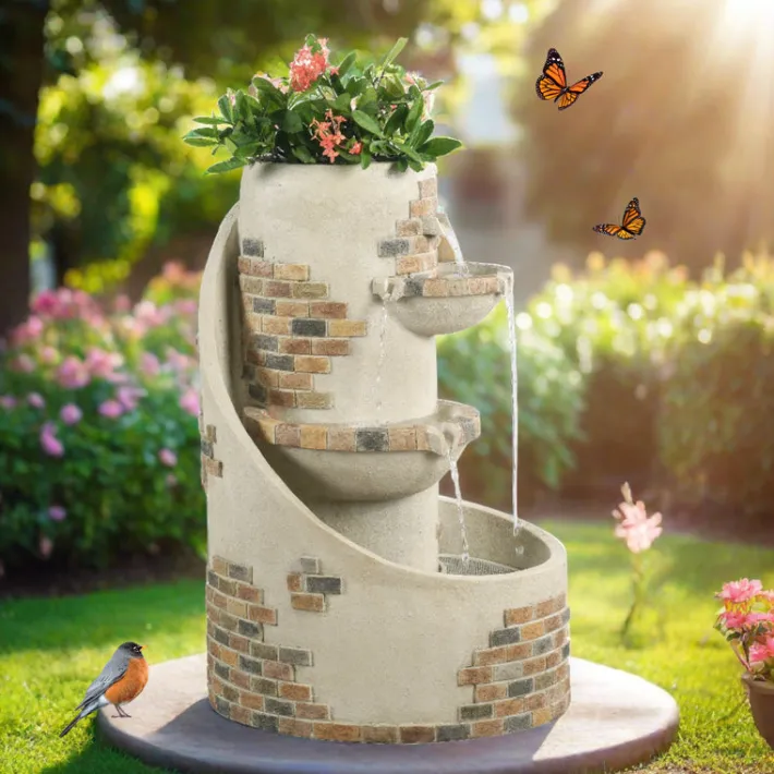 Teamson Home 29.92" Outdoor Water Fountain with Planter, LED Lights, Ivory- FINAL SALE