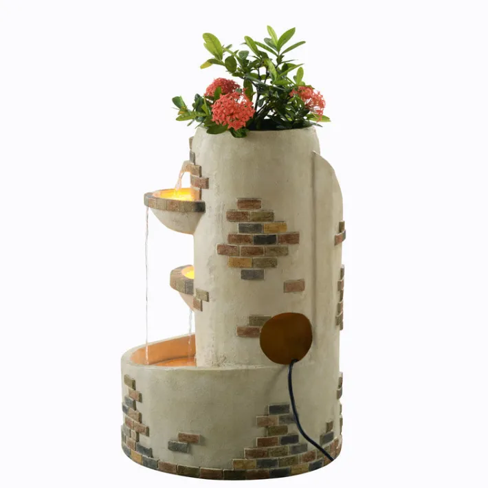 Teamson Home 29.92" Outdoor Water Fountain with Planter, LED Lights, Ivory- FINAL SALE