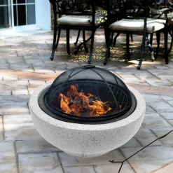 Teamson Home 23.62" Outdoor Wood Burning Fire Pit with Grill Grate and Faux Concrete Base, Gray
