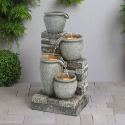 Teamson Home 30.7" 4-Tier Outdoor Solar Water Fountain with LED Lights, Gray