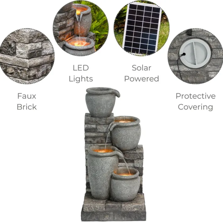 Teamson Home 30.7" 4-Tier Outdoor Solar Water Fountain with LED Lights, Gray