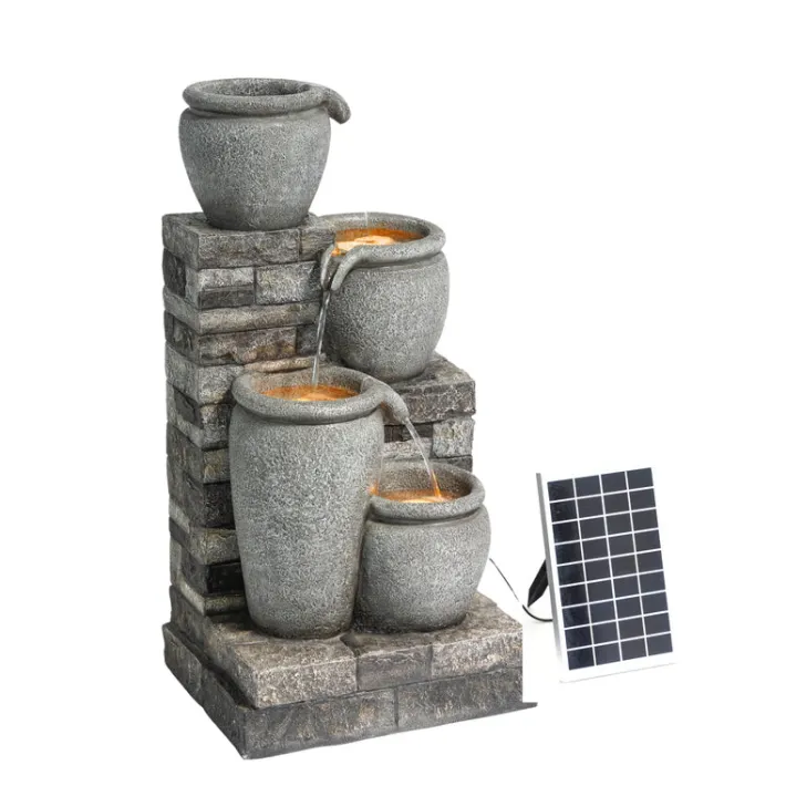 Teamson Home 30.7" 4-Tier Outdoor Solar Water Fountain with LED Lights, Gray