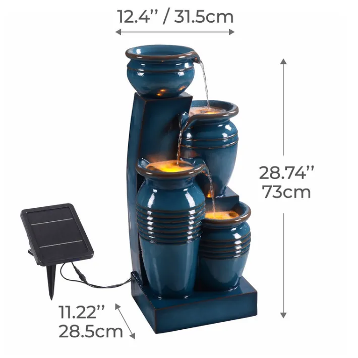 Teamson Home 28.7" 4-Tier Outdoor Solar Water Fountain with LED Lights, Blue