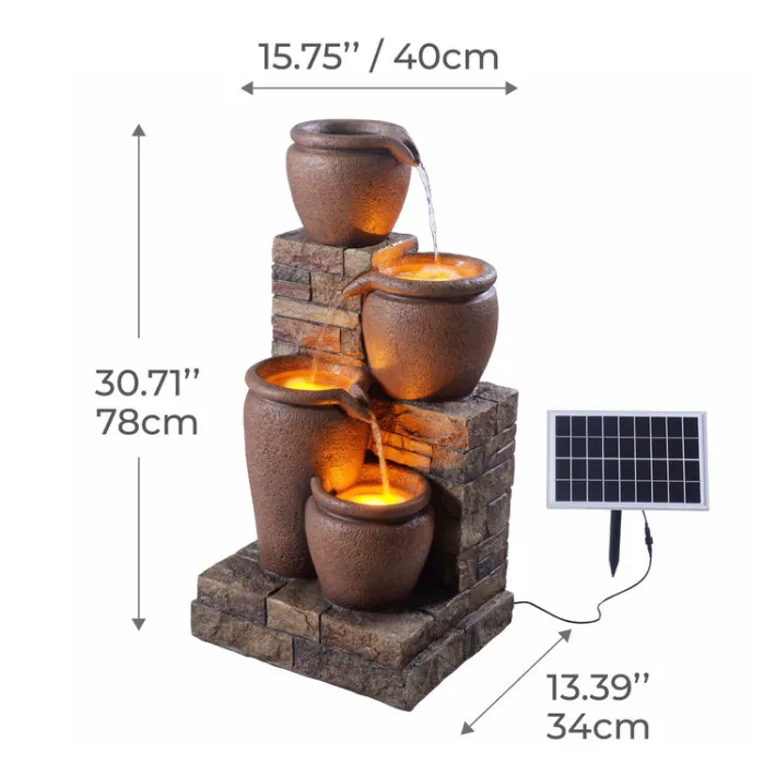 Teamson Home 30.7" 4-Tier Outdoor Solar Water Fountain with LED Lights, Terracotta
