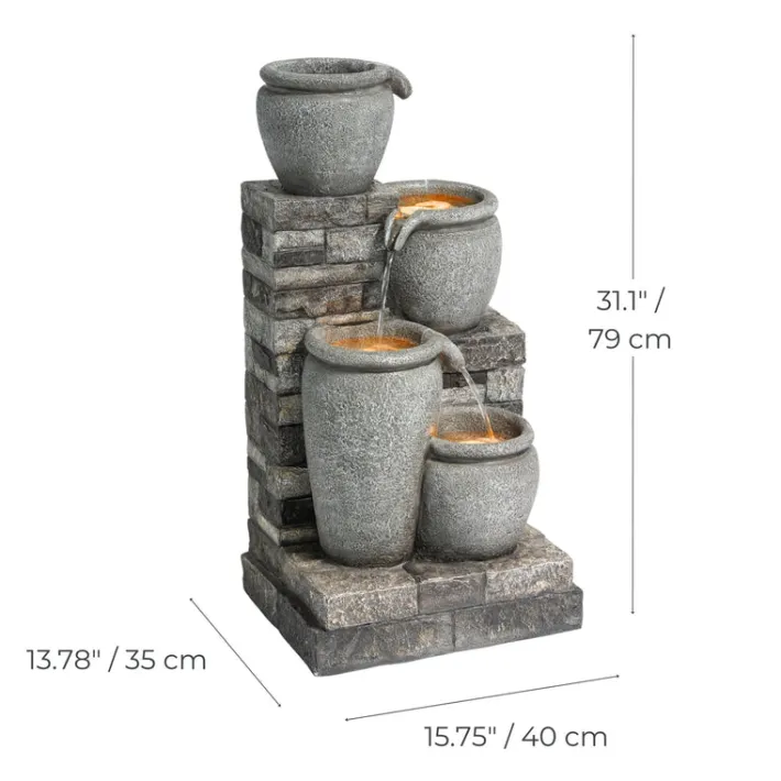 Teamson Home 30.7" 4-Tier Outdoor Solar Water Fountain with LED Lights, Gray