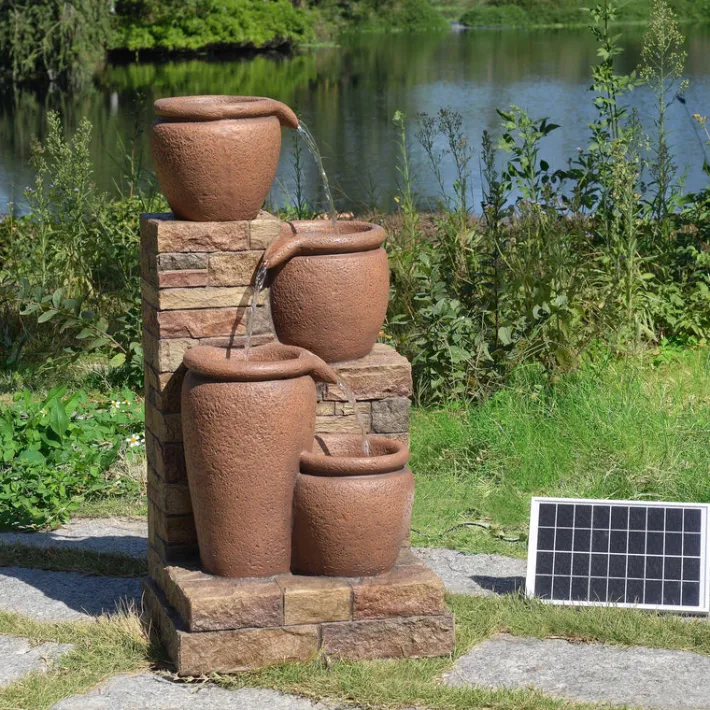 Teamson Home 30.7" 4-Tier Outdoor Solar Water Fountain with LED Lights, Terracotta