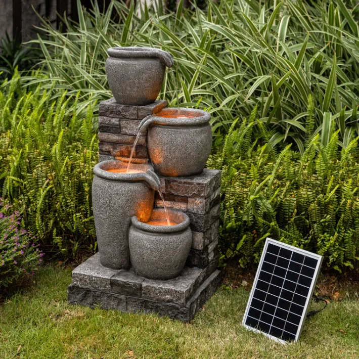Teamson Home 30.7" 4-Tier Outdoor Solar Water Fountain with LED Lights, Gray