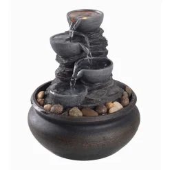 Teamson Home 7.87" 4-Tier Tabletop Water Fountain with LED Lights, Stone Gray