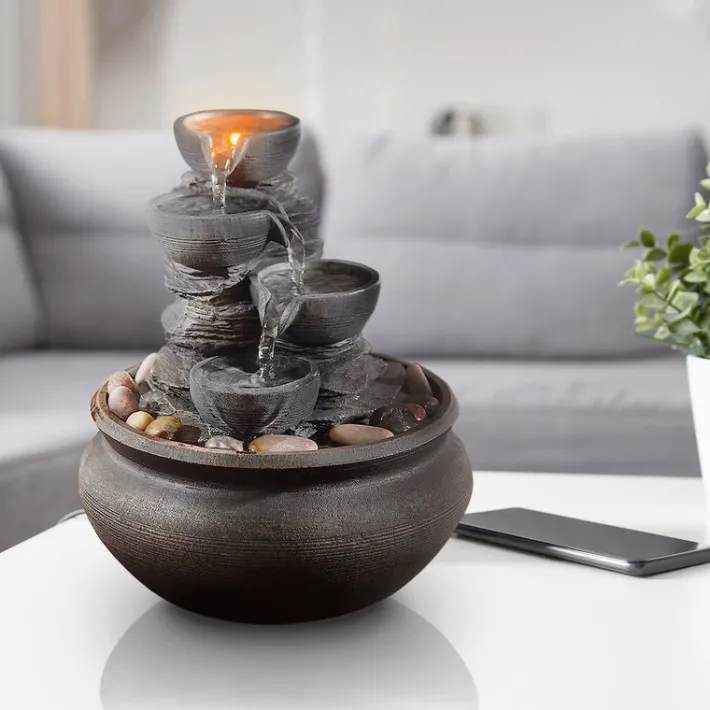 Teamson Home 7.87" 4-Tier Tabletop Water Fountain with LED Lights, Stone Gray