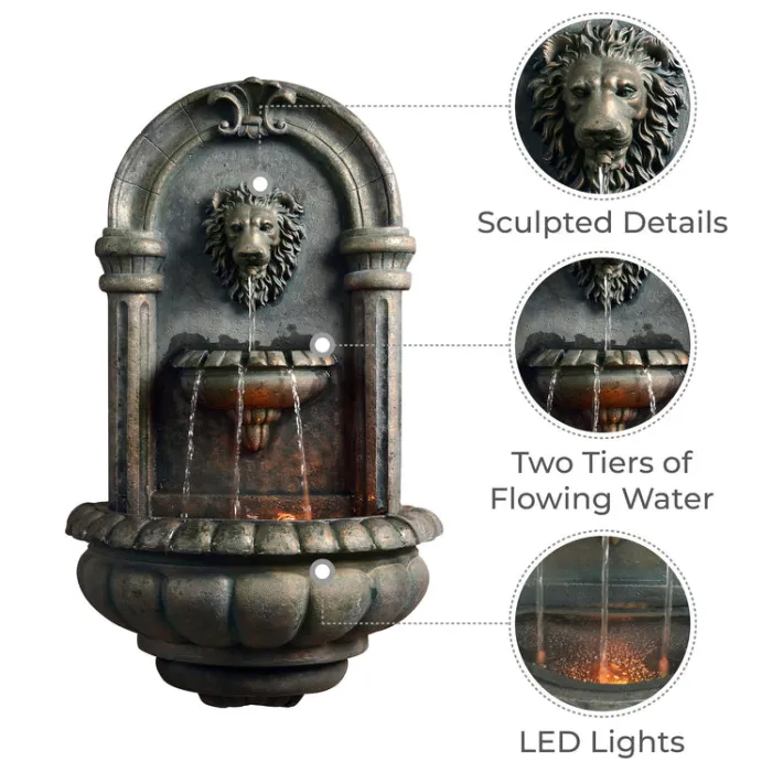 Teamson Home 32.09" Tiered Lion Head Stone LED Outdoor Water Fountain, Bronze