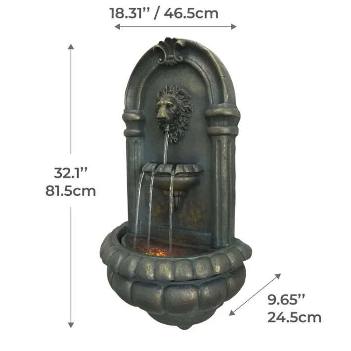 Teamson Home 32.09" Tiered Lion Head Stone LED Outdoor Water Fountain, Bronze