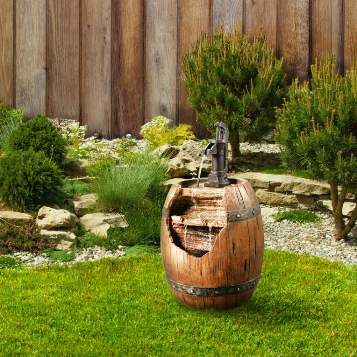Teamson Home 33.07" Vintage Pump and Barrel Outdoor Water Fountain, Multi
