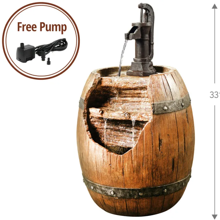 Teamson Home 33.07" Vintage Pump and Barrel Outdoor Water Fountain, Multi