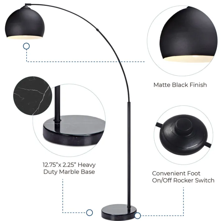 Teamson Home Arquer 66.93" Arc Floor Lamp, Black Marble Base and Black Bell Shade