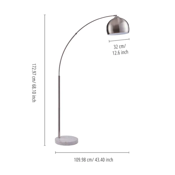 Teamson Home Arquer 68.1" Arc Floor Lamp with White Marble Base and Nickel Bell Shade