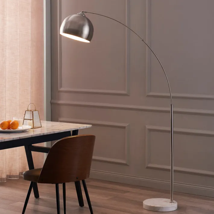 Teamson Home Arquer 68.1" Arc Floor Lamp with White Marble Base and Nickel Bell Shade