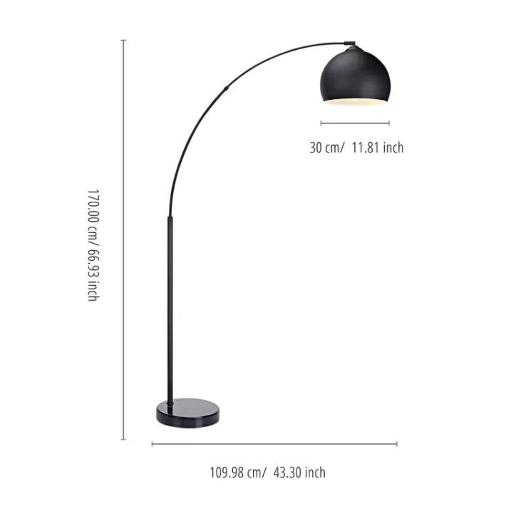Teamson Home Arquer 66.93" Arc Floor Lamp, Black Marble Base and Black Bell Shade