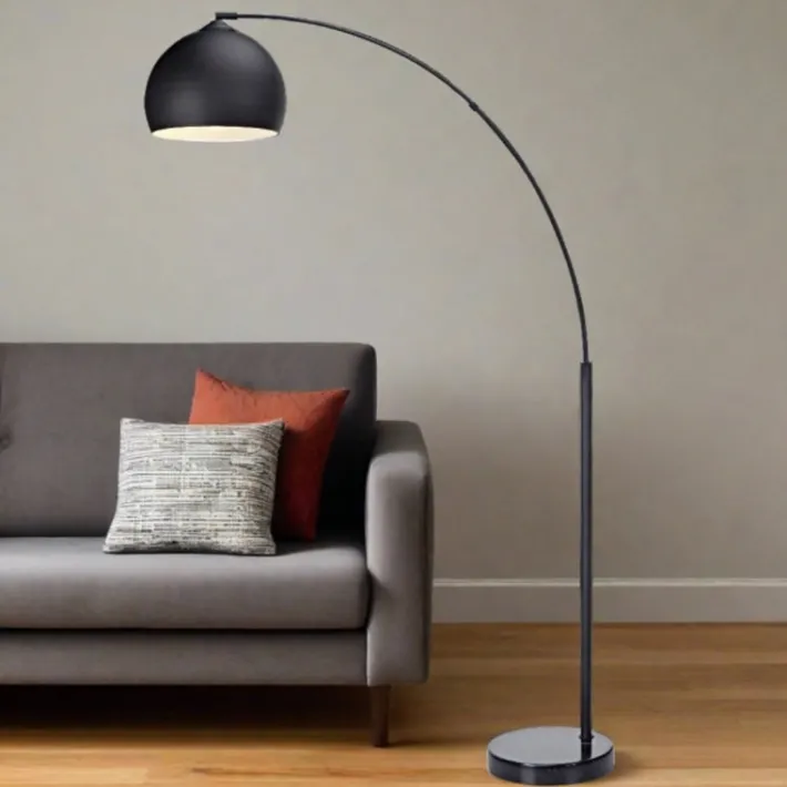 Teamson Home Arquer 66.93" Arc Floor Lamp, Black Marble Base and Black Bell Shade