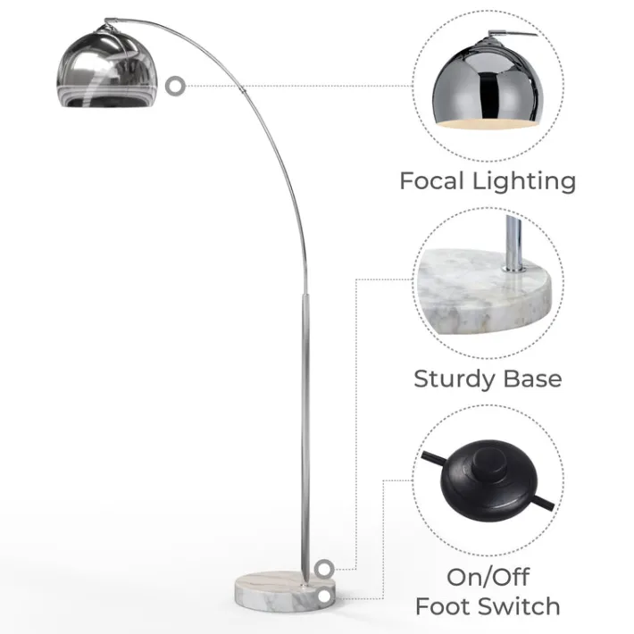 Teamson Home Arquer Arc 66" Metal Floor Lamp with Bell Shade, Chrome