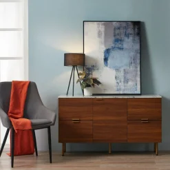 Teamson Home Ashton Sideboard Storage Cabinet with Faux Marble Top, White/Walnut- FINAL SALE