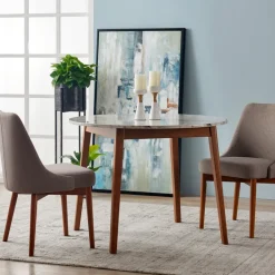 Teamson Home Ashton Wooden Round Dining Table with Faux Marble Top, White/Walnut- FINAL SALE