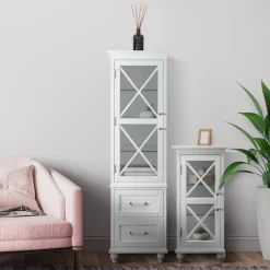 Teamson Home Blue Ridge Linen Tower Cabinet with Adjustable Shelves, White