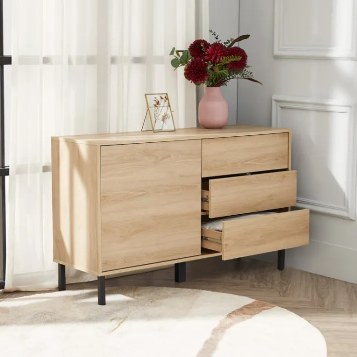 Teamson Home Cairo Industrial-Chic Mid-Century Modern 1 Door, 2 Shelf, 3 Drawer Storage Sideboard, Oak- FINAL SALE