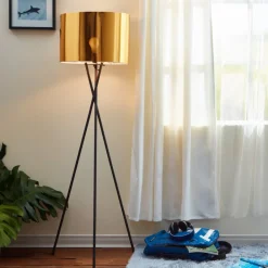 Teamson Home Cara 62" Modern Metal Tripod Floor Lamp with Drum Shade, Black/Gold- FINAL SALE