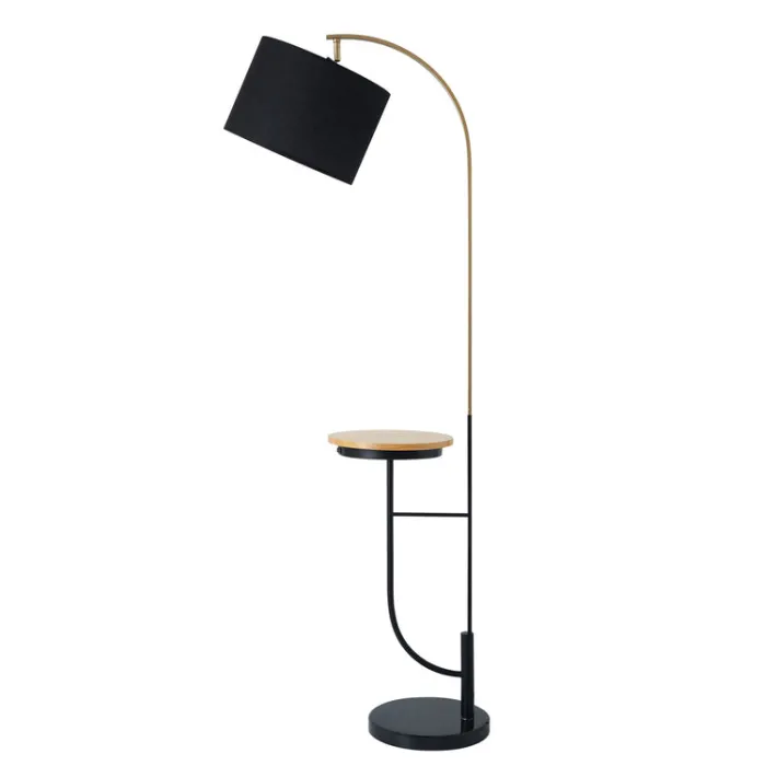 Teamson Home Danna 65" Modern Metal Arc Floor Lamp with Marble Base, Built-In Table, and USB Port, Black