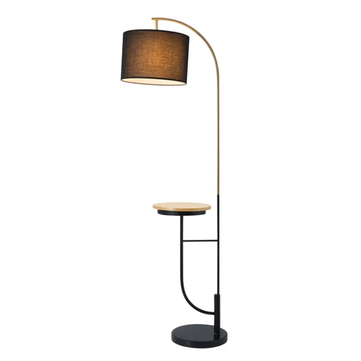Teamson Home Danna 65" Modern Metal Arc Floor Lamp with Marble Base, Built-In Table, and USB Port, Black
