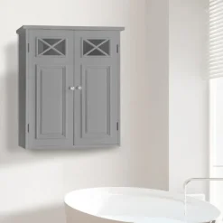 Teamson Home Dawson Removable Two-Door Wall Cabinet with Decorative Glass Panels, Gray