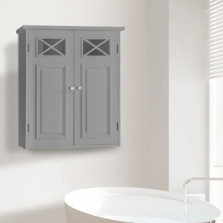 Teamson Home Dawson Removable Two-Door Wall Cabinet with Decorative Glass Panels, Gray
