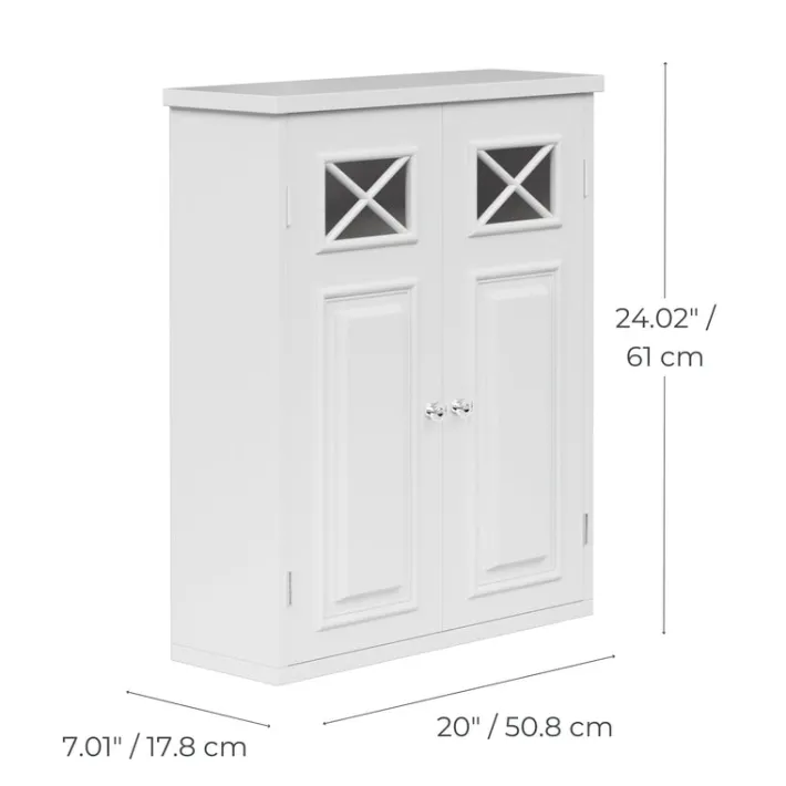 Teamson Home Dawson Removable Two-Door Wall Cabinet with Decorative Glass Panels, White
